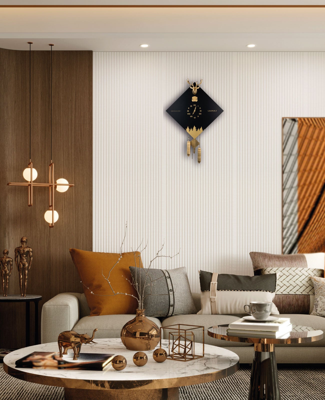 Moderne Kuckucksuhr - Schwarz-Gold-Weiße-Wand