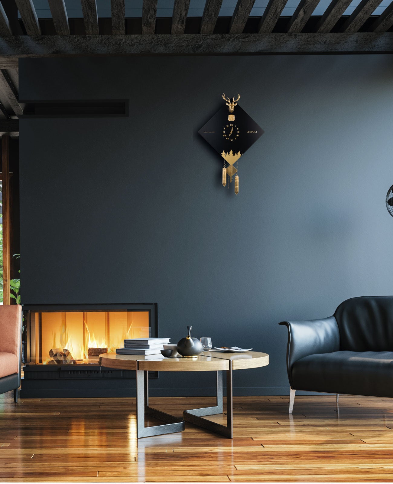 Moderne Kuckucksuhr - Schwarz-Gold-Schwarze-Wand